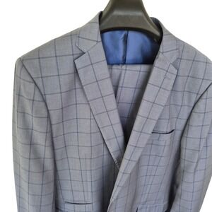 Alberto Cardinali Mens 2 Piece Suit 52L 46L Blue Grey Windowpane Plaid 2143